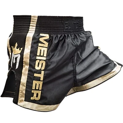 Afbeelding van Meister Elite Shorts van Muay Thai volledig elastische tailleband met mesh, Zwart/Goud, 44