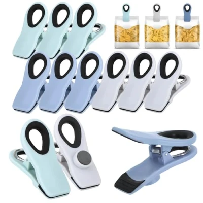 Afbeelding van COM FOUR® 12 x sluitclips met magneet 7 cm, klemmagneten voor keuken, thuis, kunststof clips klemfunctie zakken, om te sluiten (12 stuks grijs + blauw mint)