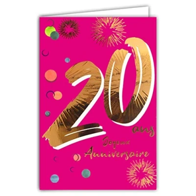 Afbeelding van Afie 69 2620 verjaardagskaart voor de 20e verjaardag in glanzend goud reliëf dames kleurrijke tekst geschikt leeftijd binnenshuis incl. envelop gemaakt Frankrijk kleuren