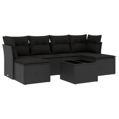 Afbeelding van vidaXL Tuinmeubelset, 7 delig, met kussens, zwart, polyrotan
