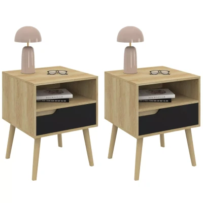 Image de Lot de 2 tables chevet HELSINKI 1 tiroir scandinave effet hêtre et noir