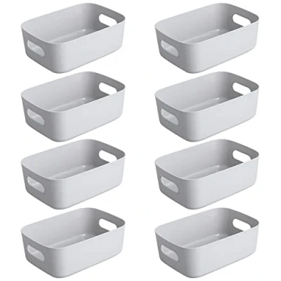 Afbeelding van Set van 8 opbergdozen, organizer met handgrepen, kleine plastic doos, wit voor huishouden en hobby, praktische opbergmand, opbergdoos de badkamer, 20 x 14 7,5 cm (grijs)