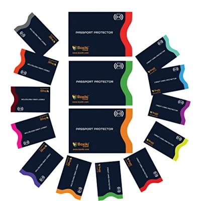 Afbeelding van 15 stuks RFID beschermhoesjes voor 12 x kaarten + 3 paspoortbescherming met kleurcode, stuks, ultieme anti diefstalkaarthouders (marineblauw)