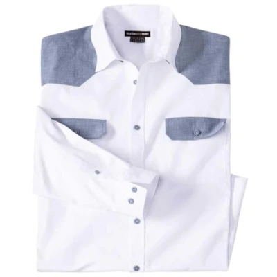 Afbeelding van ATLAS FOR MEN Herenhemd met lange mouwen verkrijgbaar in grote maten van M tot 5XL, Wit blauwe Chambray details