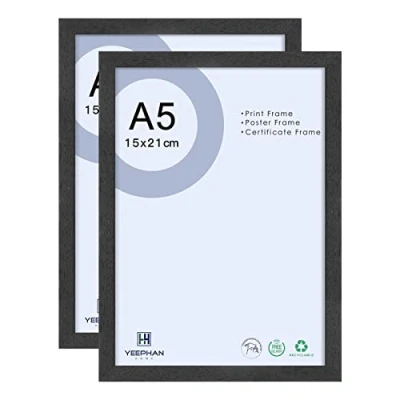 Afbeelding van fotolijst 8 x 6 inch / A5 21 15 cm van massief hout met kunststof glazen voorkant voor interieurdecoratie en wandweergave, om neer te zetten of aan de muur bevestigen, 2 verpakkingen