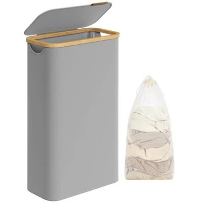 Afbeelding van SONGMICS Dunne wasmand met deksel, 65 l, ruimtebesparend, afneembare mesh voering, Oxford stof, handgrepen van bamboe, opvouwbaar, 42 x 22,5 70,5 cm, duifgrijs LCB506G01