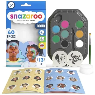 Afbeelding van Snazaroo make upset voor kinderen &quot;Aqua&quot; 8 kleuren, 2 stencils, 1 kwast, spons, gids, up op waterbasis, gezichtsverf