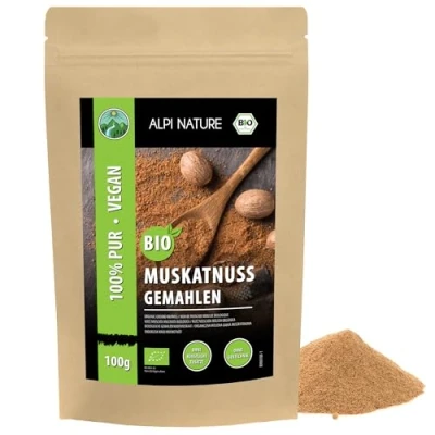 Afbeelding van biologische gemalen nootmuskaat, nootmuskaatpoeder van teelt, laboratoriumgetest (100 g)