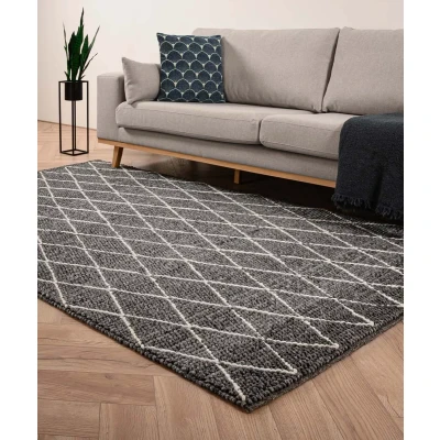 Afbeelding van Wollen Vloerkleed Ruiten Vinduer Donkergrijs/crème 160x230 Cm
