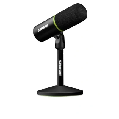 Image de Shure MV6 USB Gamingmicrofoon, C, Dynamische Microfoon, Auto Level Mode, Digitale Popperstopper, voor PC Gamers &amp; Streamers Bureaustatief met Ronde Voet, 1m C Kabel