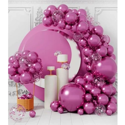 Afbeelding van AULE Ballonboog verjaardag fuchsia: set van 100 confettiballonnen, roze, metallic, helium, latex, chroom, set, slinger, verjaardag, decoratie, bruiloft, babyshower