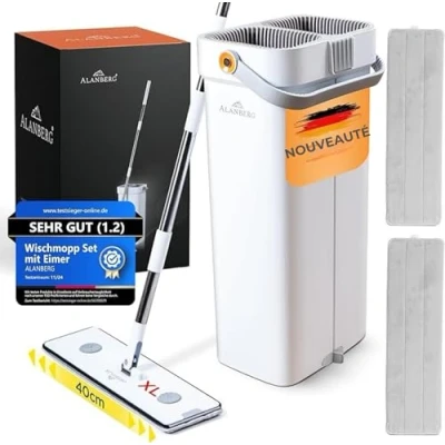 Afbeelding van ALANBERG® XL Mopset met Emmer 2 Kamersysteem, 181 cm, RVS, Wit