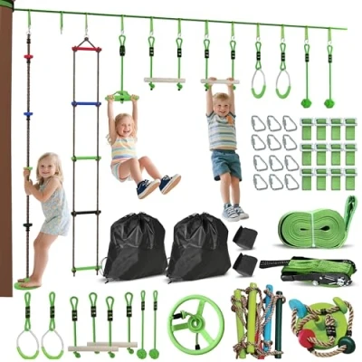 Afbeelding van AIYAPLAY Ninja Warrior Slackline set voor kinderen, 10 m met gymnastiekringen, draaiwiel, schommel, klimstangen, ophangplaat, klimladder, accessoires