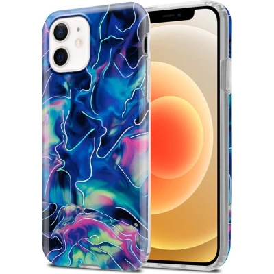 Afbeelding van Cadorabo Hoesje geschikt voor Apple iPhone 12 / PRO in Blauw Roze marmer No. 17 Beschermhoes gemaakt van TPU siliconen Case Cover met mozaïek motief