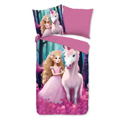 Afbeelding van Dekbedovertrek voor Kinderen 135x200 cm Eenhoorn en Prinses Print Roze 1 Persoons 100% Microfiber