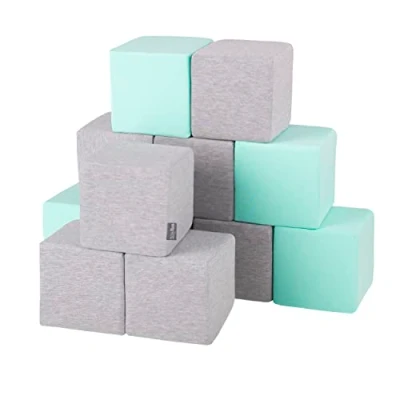 Afbeelding van KiddyMoon Zachte blokken voor baby&#039;s, 12 stuks, bouwkubus van schuim, 14 cm, kubussen: Lichtgrijs/mint