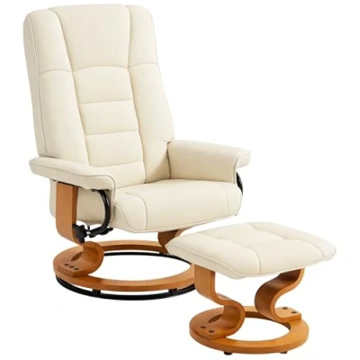 Afbeelding van HOMCOM relaxstoel, kantelbaar, met voetensteun, woonkamer, draaibaar, houten frame, kunstbekleding, 76 x 85 104 cm, crème
