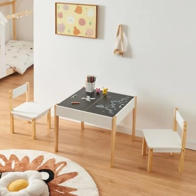 Afbeelding van Kindertafel met 2 kinderstoelen Smedjebacken naturel wit en zwart [en.casa]