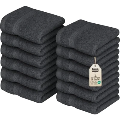 Afbeelding van Utopia Towels Set premium handdoeken, 30 x cm, grijs, 100% katoen, washandjes/gezichtshandschoenen, zeer absorberend en voelt zacht aan (verpakking van 12 stuks)