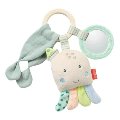 Afbeelding van Fehn houten octopus rammelaar, babyspeelgoed met ring, chiffon doek, rammelaar en spiegel, knuffeldier om vast te pakken ontdekken, motorisch speelgoed voor baby&#039;s kinderen vanaf 0