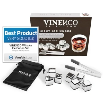 Afbeelding van Whisky Stones Ice Cubes IJsblokjes van roestvrij staal, 8 set + opbergtas en ijsstang, koelkaststenen koeling, ijsblokken, metaal, koude dranken, cocktails, dranken zonder