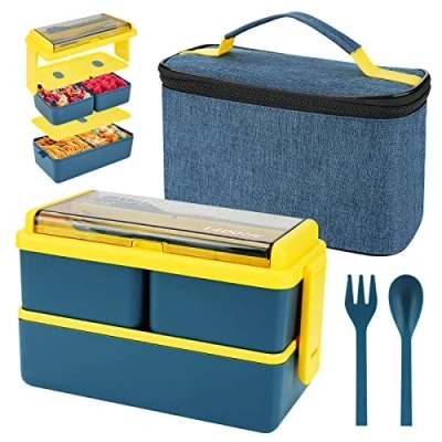 Afbeelding van 1400 ml lunchbox met 3 vakken, waterdichte bento box koeltas en bestek, voor volwassenen, kinderen, studenten, kantoor,