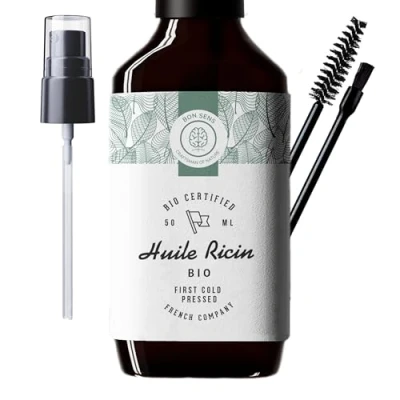 Afbeelding van 50 ml biologische ricinusolie, koudgeperst, zuiver: 100% natuurlijk, stimuleert en versterkt de groei van haar, baard, wimpers, wenkbrauwen, nagels, nagelriemen huid fles glas, penseel