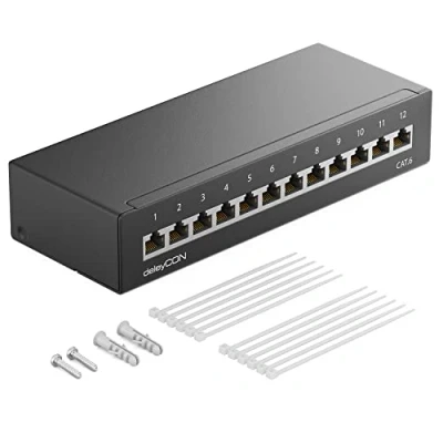 Afbeelding van deleyCON CAT 6 patchpaneel, distributiepaneel, 12 poorten, 1 UH, desktop en muur, afgeschermd, x RJ45 LAN installatiekabel netwerk TIA568A TIA568B RAL 9005, zwart