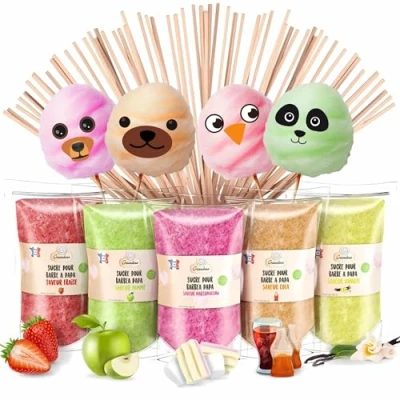 Afbeelding van GREENDOSO® Suiker suikerspin voor machine (5 x 160 g) aroma&#039;s en natuurlijke kleurstoffen 5 smaken (aardbei/cola/appel/marshmallow/vanille) 20 stokjes gemaakt in Frankrijk