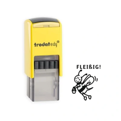 Afbeelding van Trodat edy FIX motiverende stempel voor leraren en opvoeders, stempelset, 1 motief Duitse vloeibare bijen, gele behuizing, zwarte afdruk, zelfinkt, 20 x mm