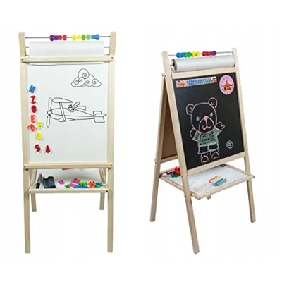 Afbeelding van Educatief bord van hout voor kinderen, dubbelzijdig leerbord met rol tekenpapier, krijtbord en magneetbord