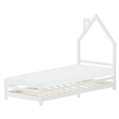 Afbeelding van Kinderbed huis 90x200 cm wit met matras H:10cm houten bed voor kinderen lattenbodem schoorsteen Design ML