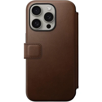 Afbeelding van Nomad Modern Leather Folio Book cover hoesje voor iPhone 15 Pro leder Geschikt MagSafe en draadloos opladen Bruin