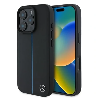 Afbeelding van CG MOBILE Mercedes Benz HC telefoonhoesje ontworpen voor iPhone 16 Pro Max, duurzaam, schokbestendig, compatibel met Magsafe, blauwe leren hoes zwarte lijn