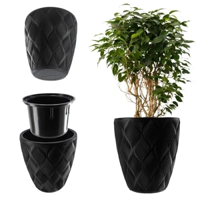 Afbeelding van KADAX Bloempot met inzetstuk en handgrepen, van kunststof, verkrijgbaar in 5 maten, UV weerbestendig, 3D effect (zwart, 39 cm)