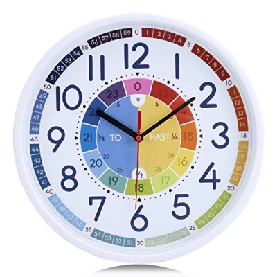 Afbeelding van Lafocuse Wandklok voor kinderen, leren, regenboogkleur, wandklok, kwarts, stil, educatief, school, kinderkamer, woonkamer, 30 cm