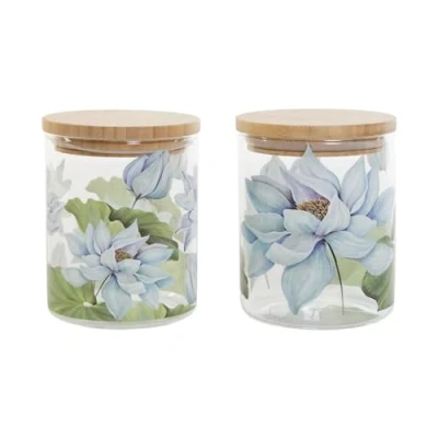 Afbeelding van DKD Home Decor 2 stuks siliconen dozen blauw wit groen natuur bamboe borosilicaatglas 1,4 liter 10 x 22 cm