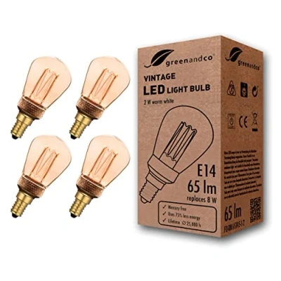 Afbeelding van Greenandco® ledlamp, decoratief, vintage, retro, industrieel, antiek, Edison, E14, ST45, 2 W, 65 lm, 1800 K (zeer warm wit), 320 graden, 230 V, geen flikkeren, niet dimbaar, 4 stuks
