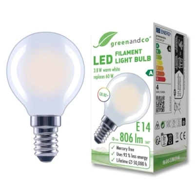 Afbeelding van greenandco Led gloeilamp, mat, E14 G45, 3,8 W, 806 lm, vervangt 60 2700 K, warmwit, 320 graden, 230 V, flikkervrij, energieklasse A, niet dimbaar