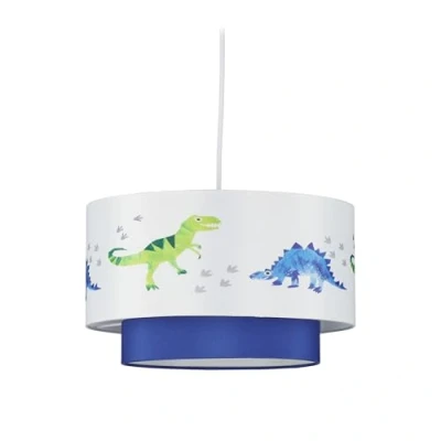 Afbeelding van Relaxdays Dino Hanglamp, ronde lampenkap met dinosaurusmotief voor kinderkamer en speelkamer, H x D 126 30 cm, wit blauw, materiaal, kunststof, metaal, 60 W