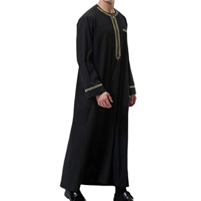 Afbeelding van Kunfang Abaja voor heren, wijde tuniek met print, islamitische kaftan, Arabische kandora, retrostijl, ronde hals, lange mouwen, zwart.