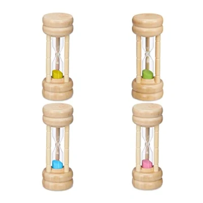 Afbeelding van Relaxdays Set van 4 zandlopers voor kinderen, korte timer, looptijden, h x d 10 cm, tandenpoetstimer gezandstraald, meerkleurig