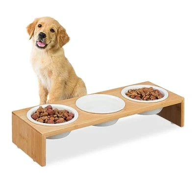 Afbeelding van Relaxdays voerbakken hond op standaard 3 keramische eetbakken 400 ml bamboe houder