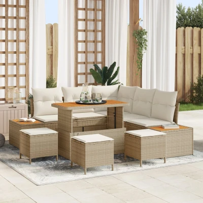 Afbeelding van vidaXL 9 delige Tuin Sofa Set met Kussens Beige Poly Rattan Acacia, 4 Eet Acacia