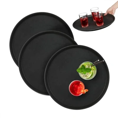Afbeelding van horeca dienblad set van 3 Ø 40 cm antislip met rand rond zwart