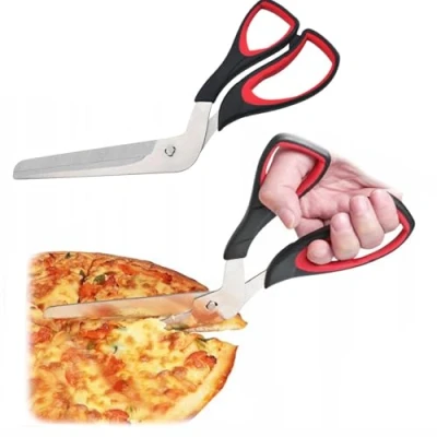 Afbeelding van pizzaschaar, pizzasnijder met handvat, pizzasnijder, keukenschaar, pizzames van roestvrij staal, scherpe schaar,