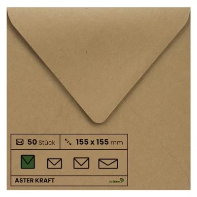 Afbeelding van Netuno 50 vierkante enveloppen kraftpapier 155 x mm 100 g aster vintage gerecyclede voor wenskaarten uitnodigingskaarten brieven