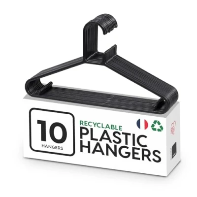 Afbeelding van Iris Ohyama, Plastic kleerhangers, 10 stuks, ruimtebesparende kleerhangers voor kleding, zwart, BPA vrij, kasten, overhemden, jassen, stropdassen, jurken, broeken, dik, duurzaam, CHM 39