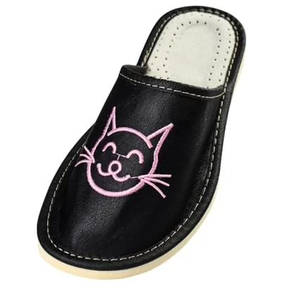 Afbeelding van APREGGIO pantoffels voor dames, leer, handgemaakt, volwassenen, praktische comfortabele stevige zool, damesschoenen, Zwart roze.