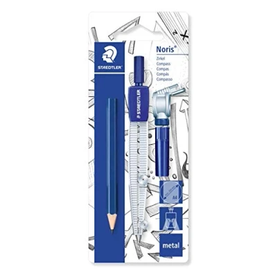 Afbeelding van STAEDTLER 550 60 BK schoolpasser met universele adapter, stiftendoos en extra klein potlood op blisterkaart, blauw/zilver